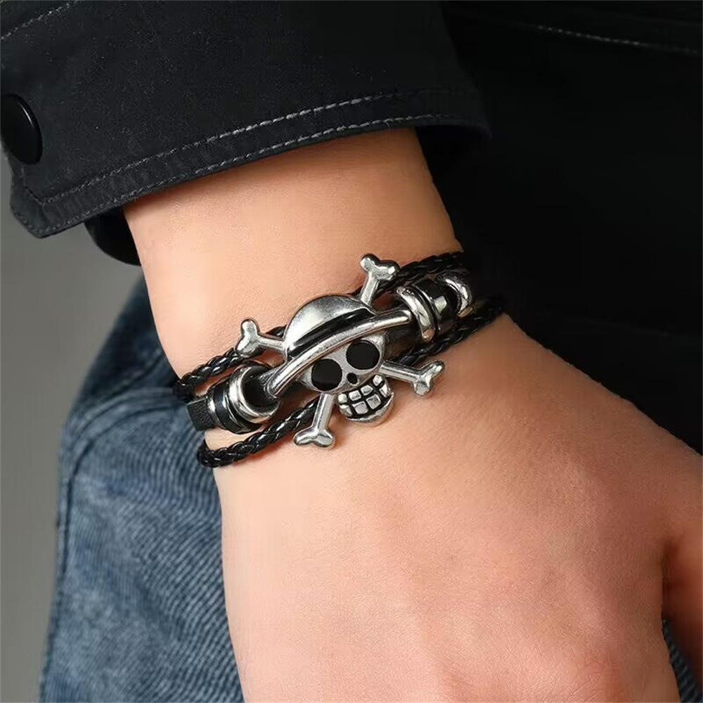 MLB006 Halloween Anime Pirate Skull Leather Bracelets for Boys Teen Braided Handmade Jewelry Wristband