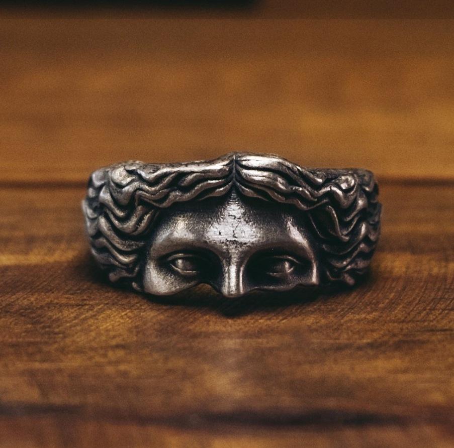 Vintage Antique Silver Relief Ring for Men Creative Venus Mask Adjustable Fashion Jewelry