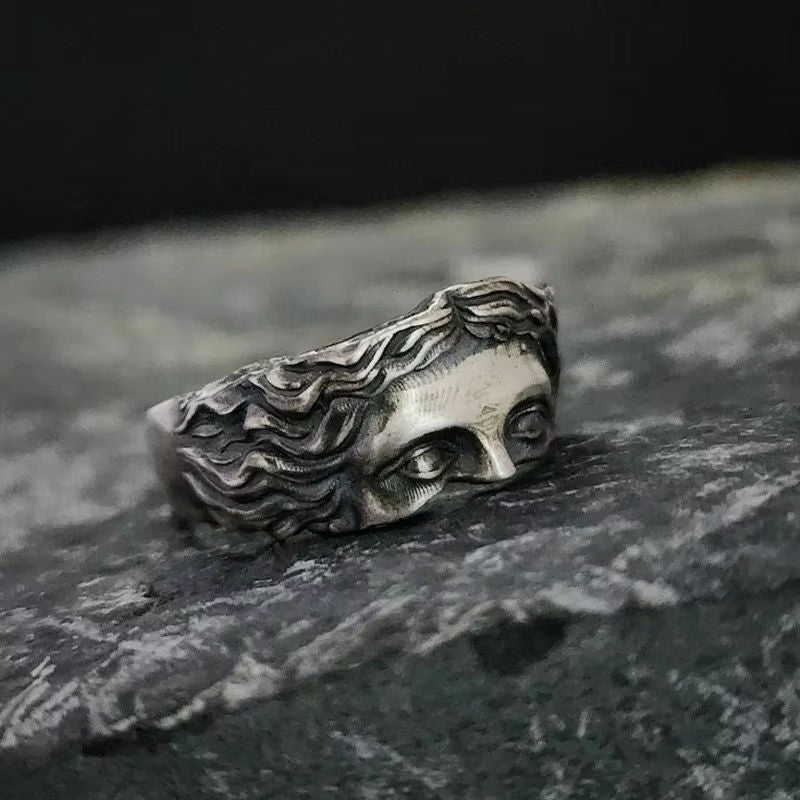 Vintage Antique Silver Relief Ring for Men Creative Venus Mask Adjustable Fashion Jewelry