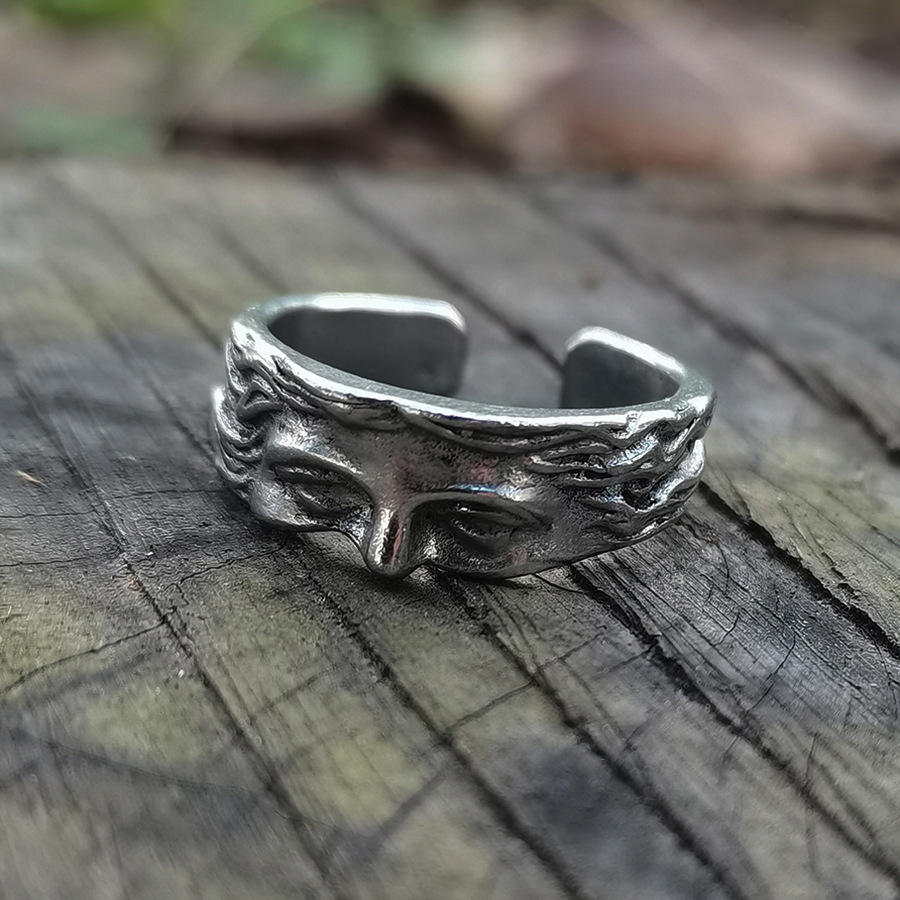Vintage Antique Silver Relief Ring for Men Creative Venus Mask Adjustable Fashion Jewelry